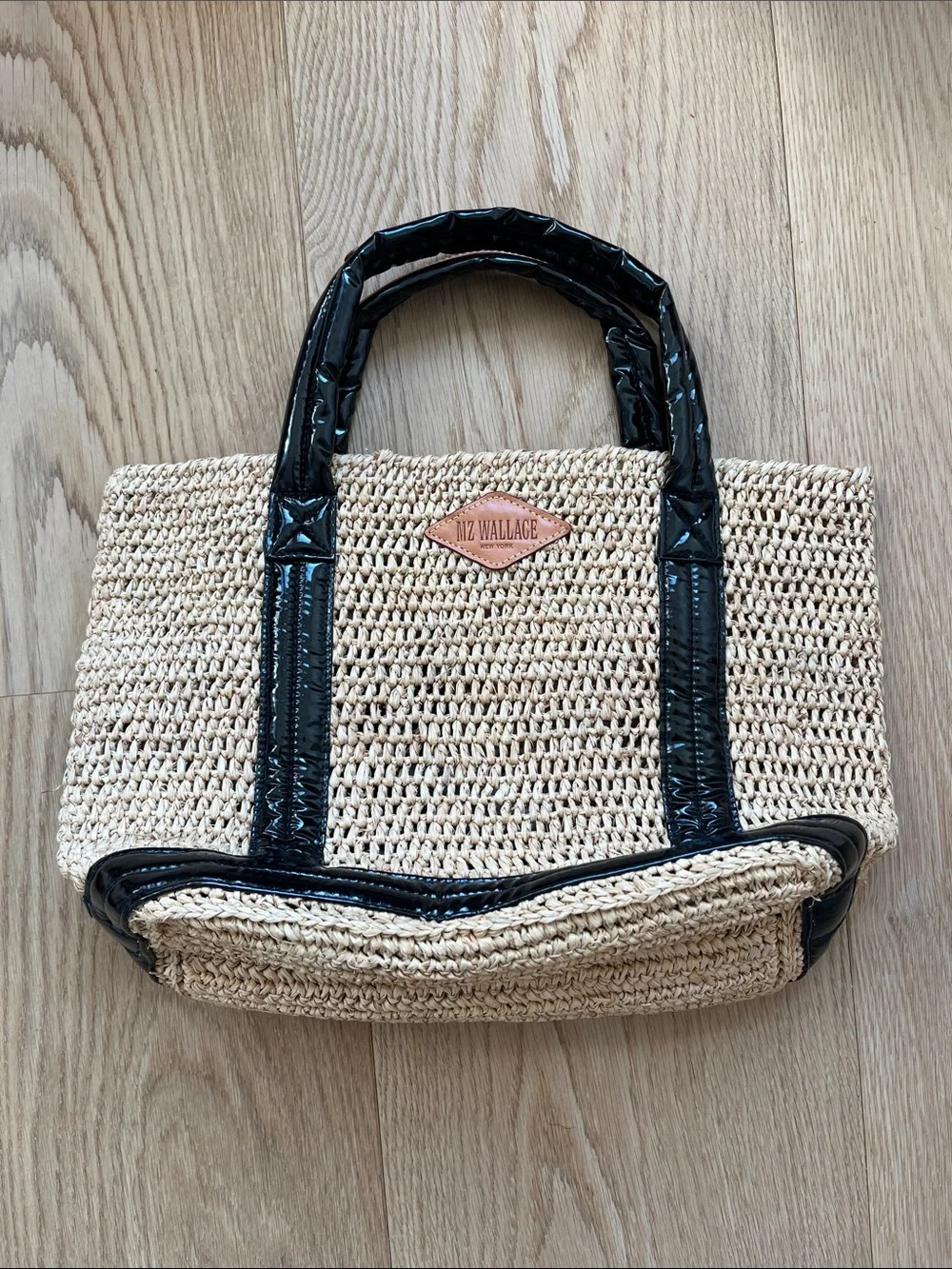 MZ Wallace Natural Straw Tote with Black Patent Trim